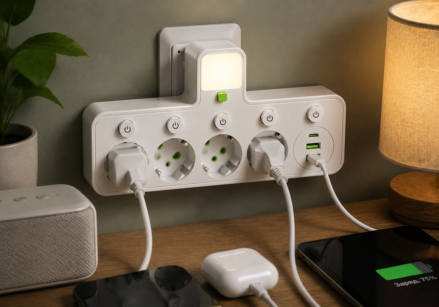 Мережевий фільтр 4 розетки + USB / адаптер на 4 розетки + USB з індивідуальними кнопками та LED-підсвічуванням Білий 2055813 фото