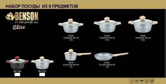 Набір каструль BN-339, 9 предметів, ковшик 1,4 л; 2,4 л; 4л; 6,3 л; сковорода 24см BN338 фото