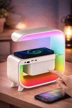 Нічний акумуляторний RGB G 3 з бездротовою зарядкою 15W і Bluetooth колонкою 3W Настільна смарт лампа G454477 фото