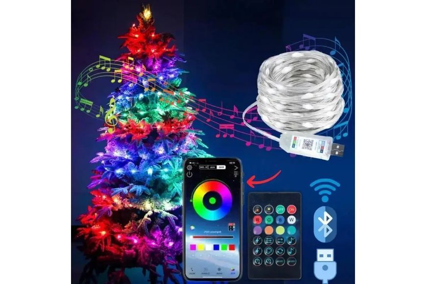 Світлодіодна розумна гірлянда Smart LED 20м IP65 з Bluetooth для ялинки від USB 20м G5854 фото