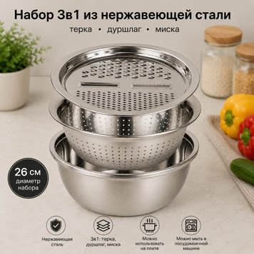 Набір 3в1 (миска, терка, друшляк) нержавіюча сталь / Терка-овочерізка для кухні 26 см 2054716/1 фото